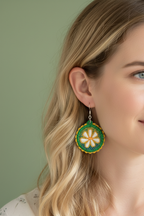 Woman Wearing Daisy Wheel Embroidered Earrings