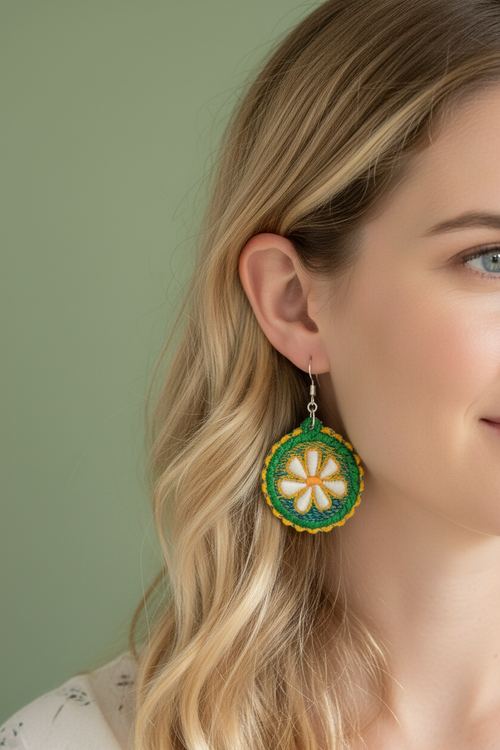 Woman Wearing Daisy Wheel Embroidered Earrings