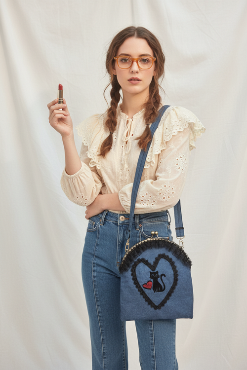 Woman wearing denim cat bag