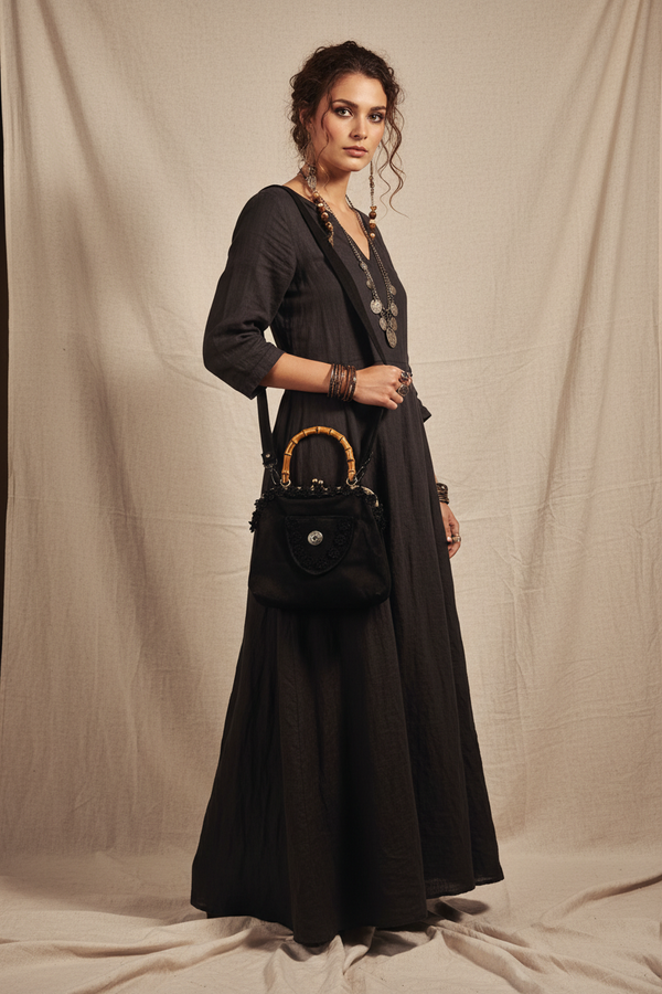 Woman with bamboo bag in studio