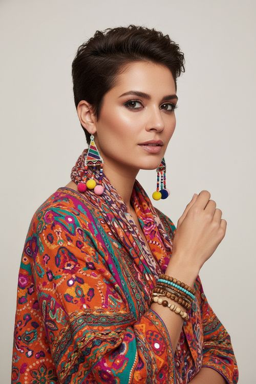 Woman with pixie hair wearing rainbow pom-pom earrings